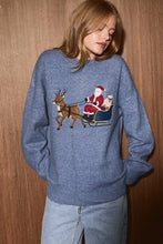Load image into Gallery viewer, Santa Graphic Oversized Knit Crew Neck Sweater: DUSTY BLUE / L