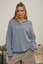 Load image into Gallery viewer, BUTTON HENLEY STRIPE LONG SLEEVE DROP SHOULDER SWEATER: MOCHA