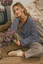 Load image into Gallery viewer, BUTTON HENLEY STRIPE LONG SLEEVE DROP SHOULDER SWEATER: MOCHA