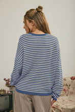 Load image into Gallery viewer, BUTTON HENLEY STRIPE LONG SLEEVE DROP SHOULDER SWEATER: MOCHA