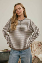 Load image into Gallery viewer, BUTTON HENLEY STRIPE LONG SLEEVE DROP SHOULDER SWEATER: MOCHA