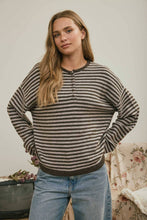 Load image into Gallery viewer, BUTTON HENLEY STRIPE LONG SLEEVE DROP SHOULDER SWEATER: MOCHA
