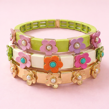 Load image into Gallery viewer, Enamel Stretch Bracelet - Flowers - Poppy - Assorted Colors: Gold w/ Gold Flowers
