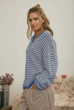 Load image into Gallery viewer, BUTTON HENLEY STRIPE LONG SLEEVE DROP SHOULDER SWEATER: MOCHA