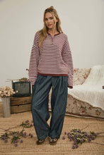 Load image into Gallery viewer, BUTTON HENLEY STRIPE LONG SLEEVE DROP SHOULDER SWEATER: MOCHA
