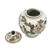 Load image into Gallery viewer, Brown & White Chinoiserie Ceramic Urn Style Jar 10"