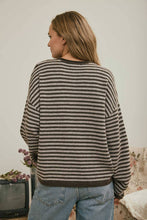 Load image into Gallery viewer, BUTTON HENLEY STRIPE LONG SLEEVE DROP SHOULDER SWEATER: MOCHA