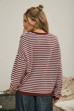 Load image into Gallery viewer, BUTTON HENLEY STRIPE LONG SLEEVE DROP SHOULDER SWEATER: MOCHA