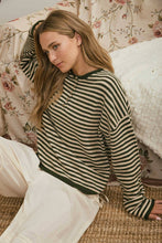 Load image into Gallery viewer, BUTTON HENLEY STRIPE LONG SLEEVE DROP SHOULDER SWEATER: MOCHA