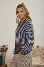 Load image into Gallery viewer, BUTTON HENLEY STRIPE LONG SLEEVE DROP SHOULDER SWEATER: MOCHA