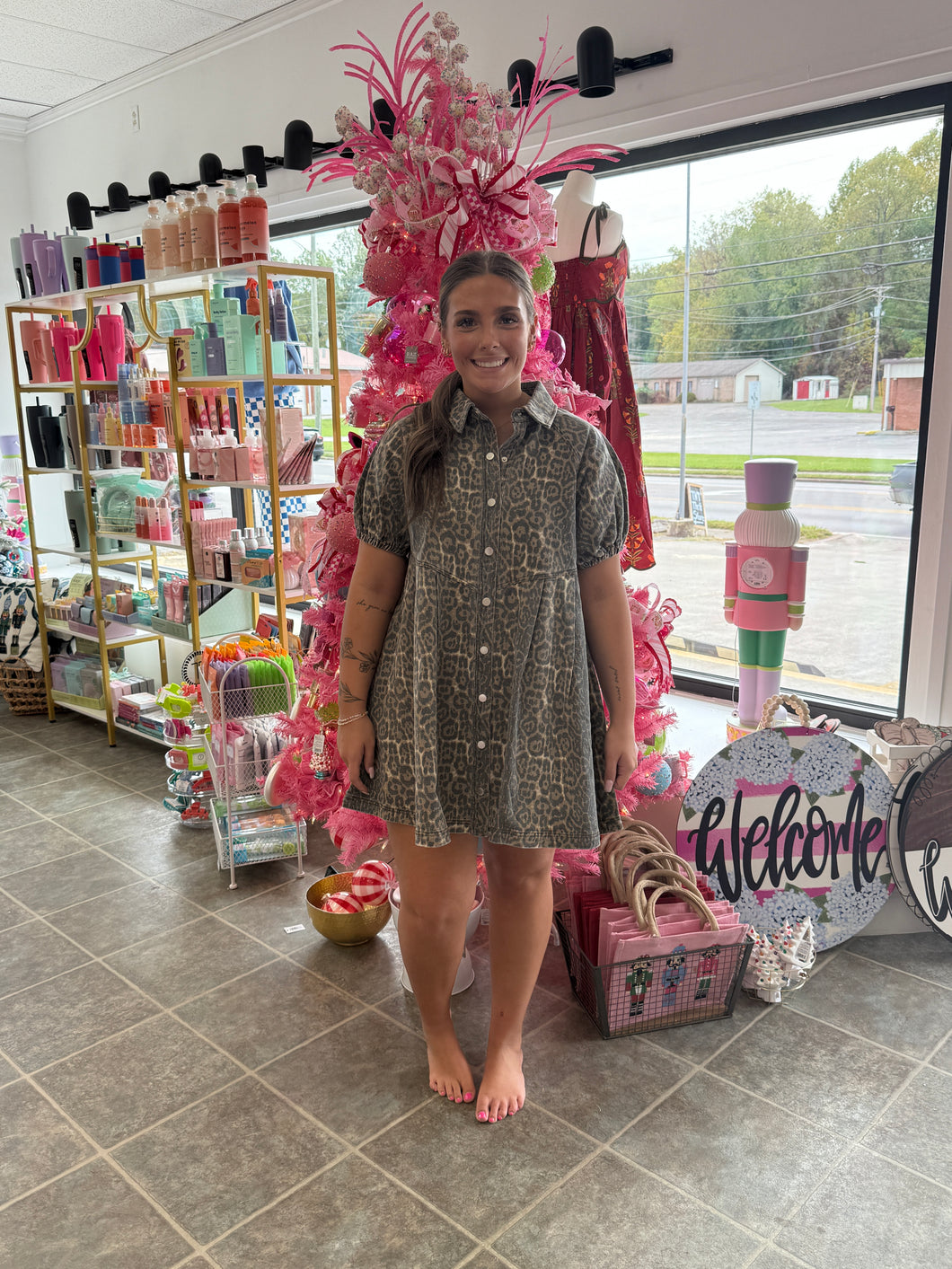 Cheetah print puff sleeve button down dress