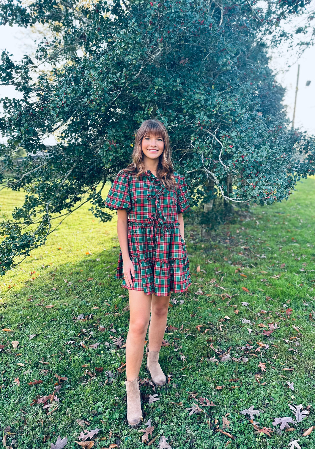 Green gingham bow tied dress