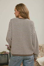 Load image into Gallery viewer, BUTTON HENLEY STRIPE LONG SLEEVE DROP SHOULDER SWEATER: MOCHA
