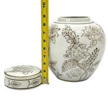Load image into Gallery viewer, White &amp; Brown Chinoiserie Ceramic Urn Style Jar 10"
