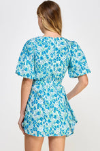 Load image into Gallery viewer, Ruched Short Puff Sleeve Floral Voile Mini Dress: Blue / M
