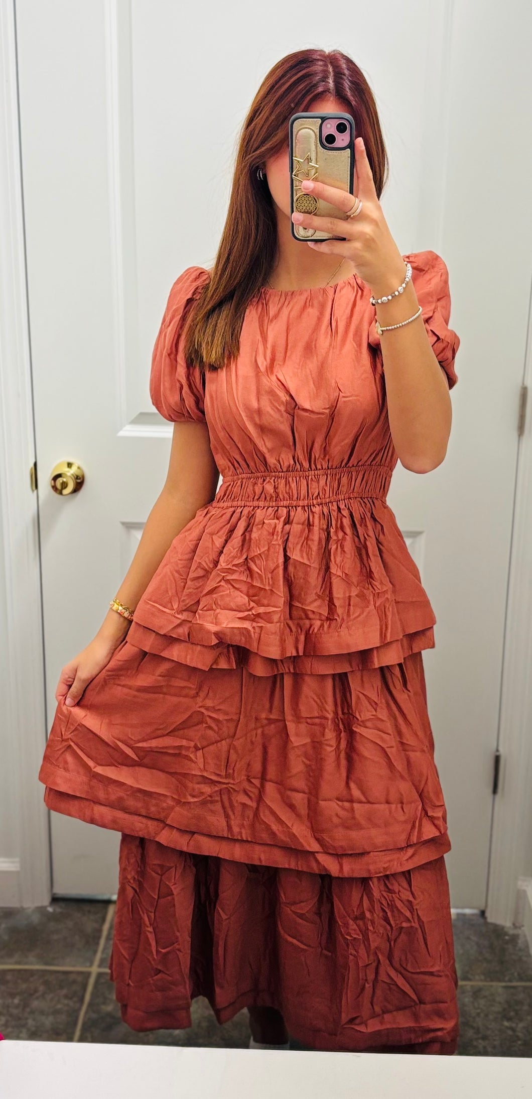 Terracotta ruffle midi dress