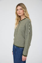 Load image into Gallery viewer, STRIPE RAW EDGE DROP SHOULDER KNIT CARDIGAN: DUSTY BLUE
