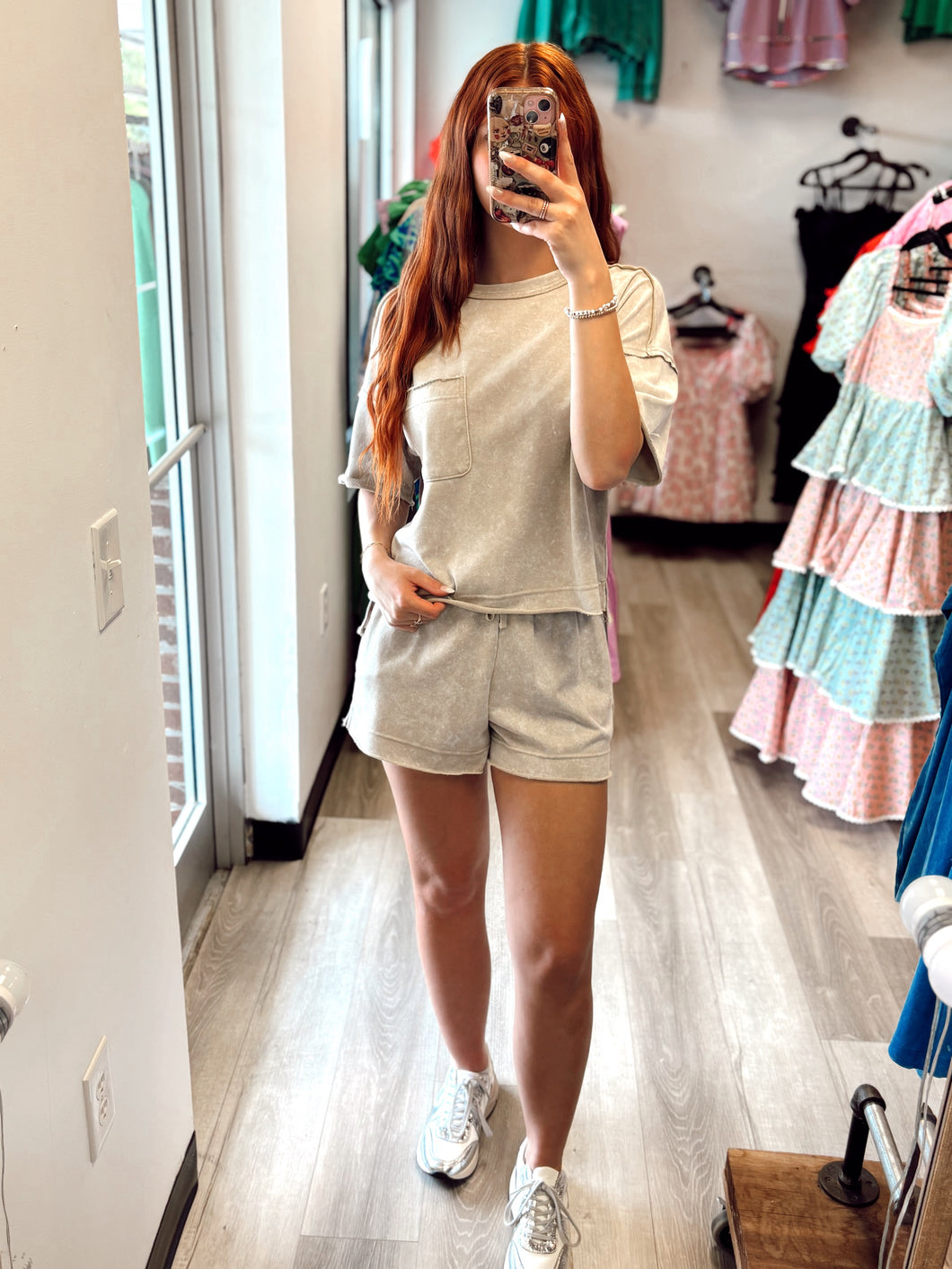 Beige Acid Washed Shorts Set