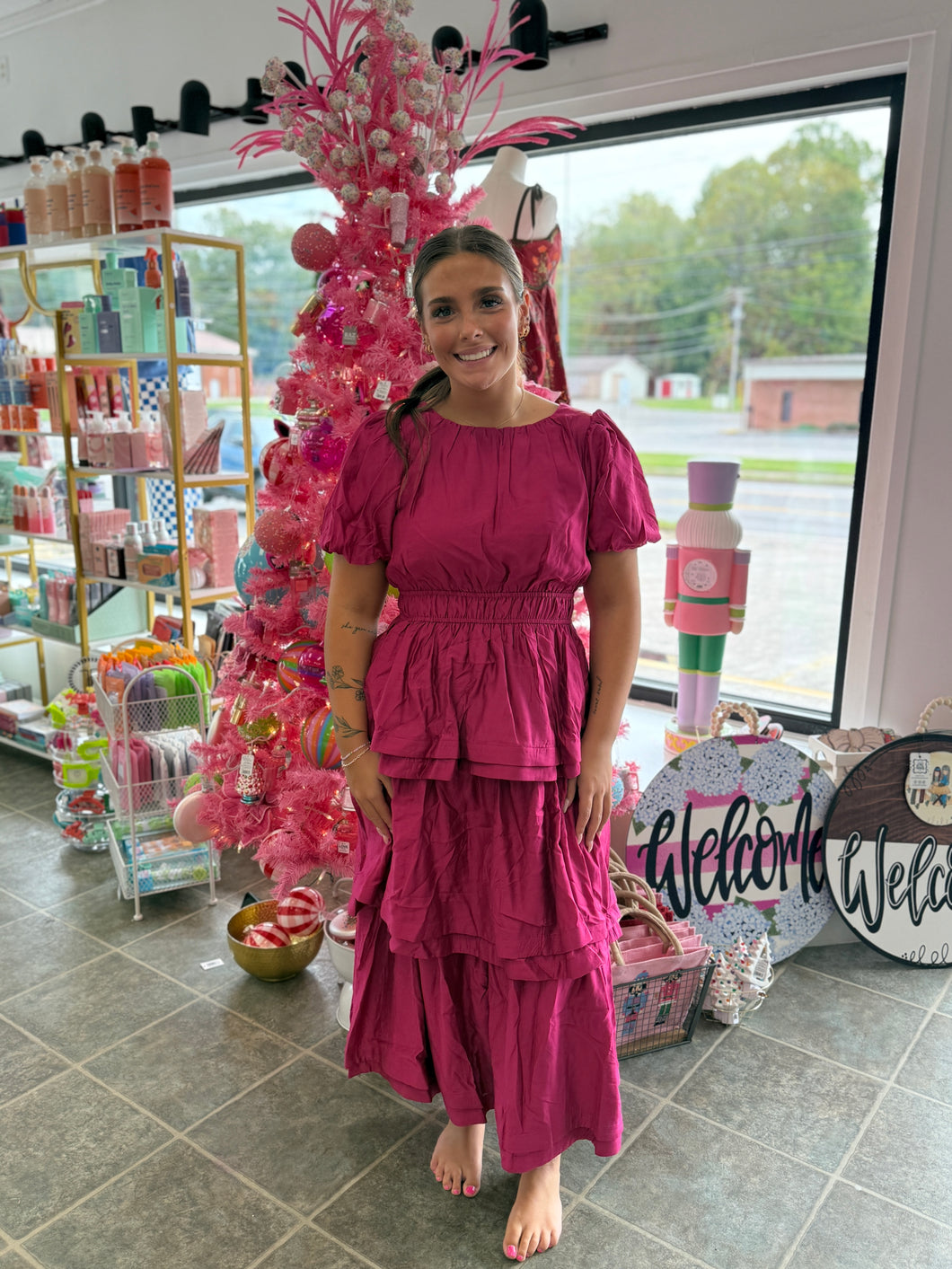 Fuchsia ruffle midi dress