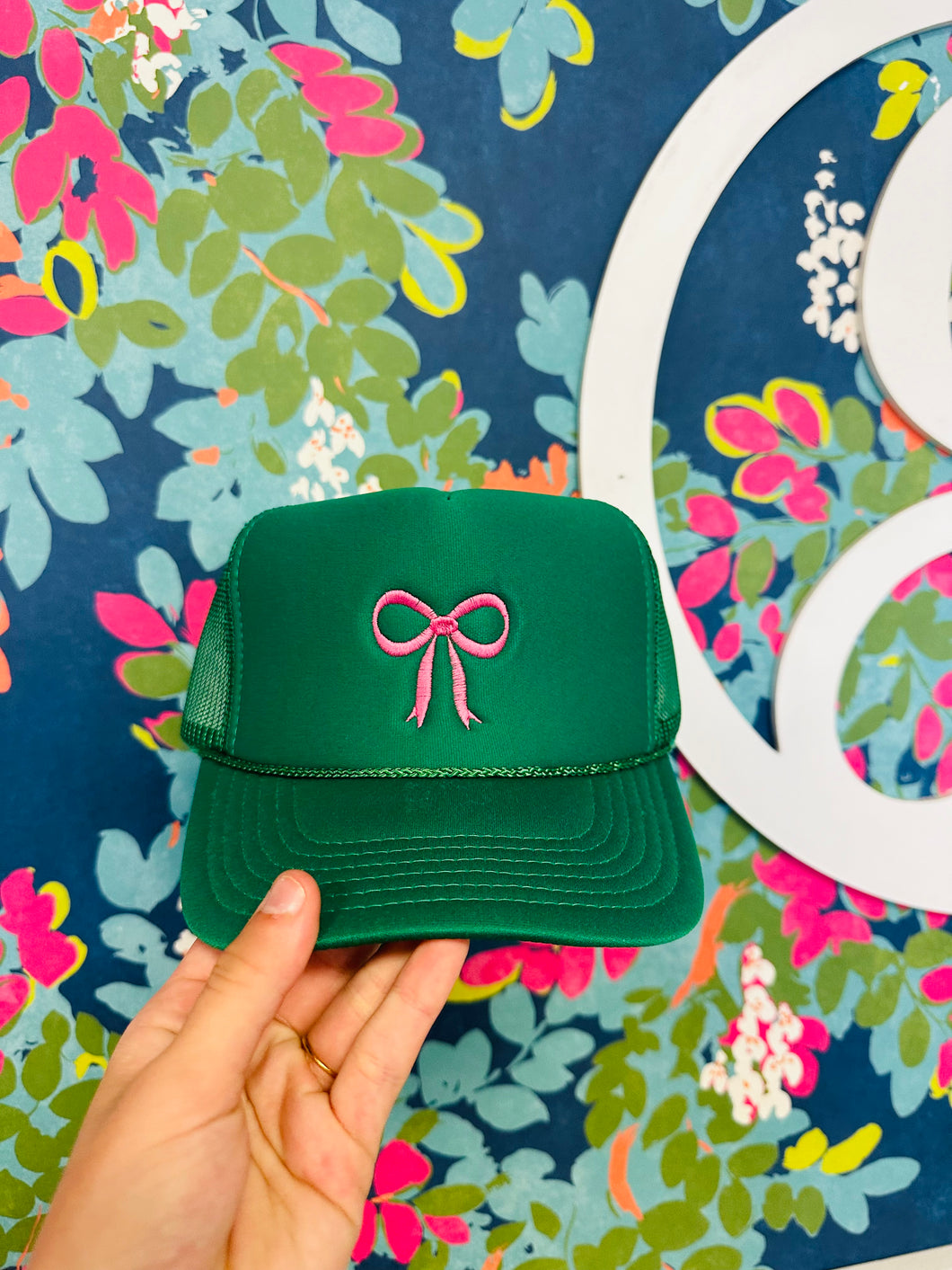 Green trucker hat bow emb