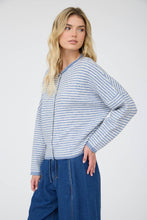 Load image into Gallery viewer, STRIPE RAW EDGE DROP SHOULDER KNIT CARDIGAN: DUSTY BLUE
