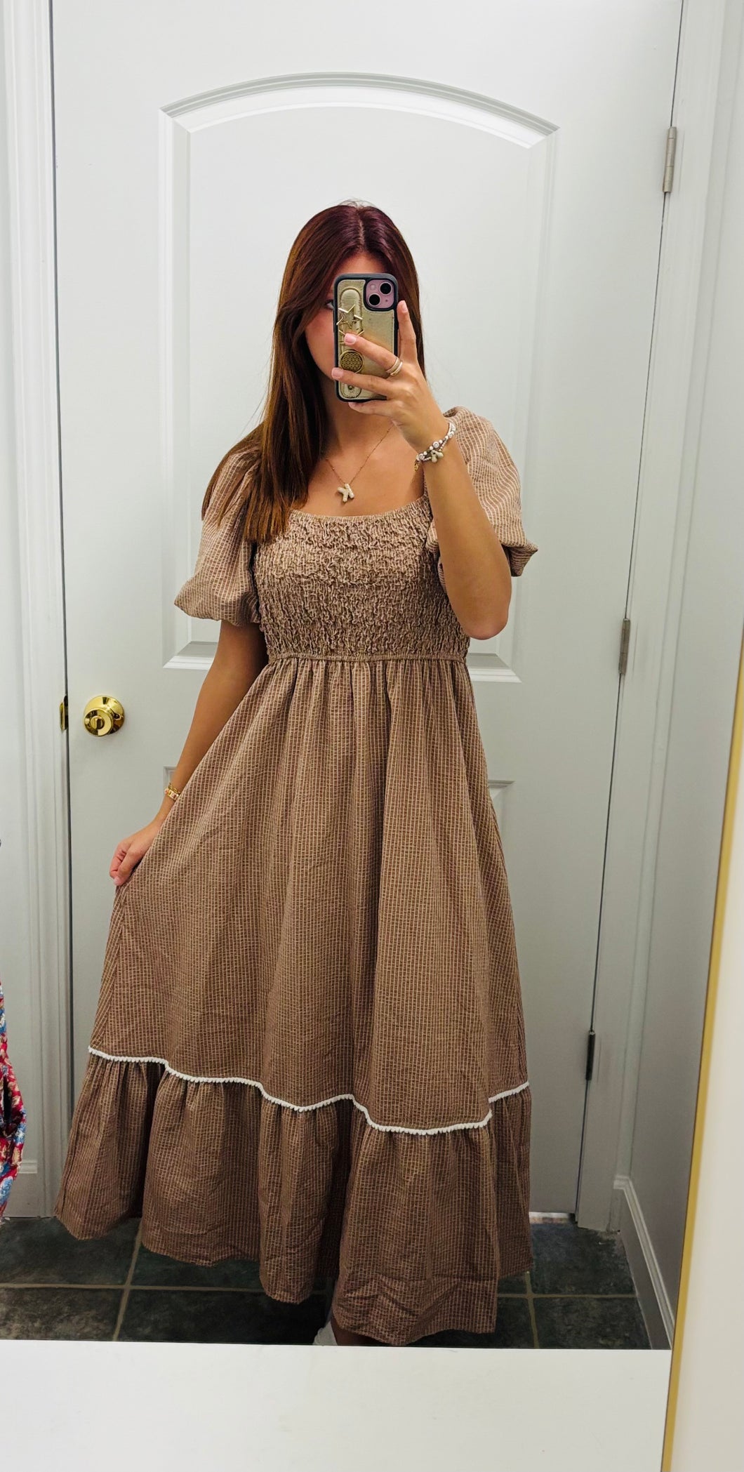 Brown bubble sleeve maxi dress