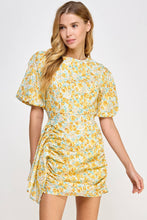Load image into Gallery viewer, Ruched Short Puff Sleeve Floral Voile Mini Dress: Blue / M
