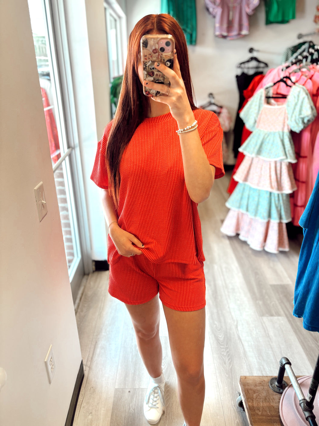 Red Ribbed Shorts Set