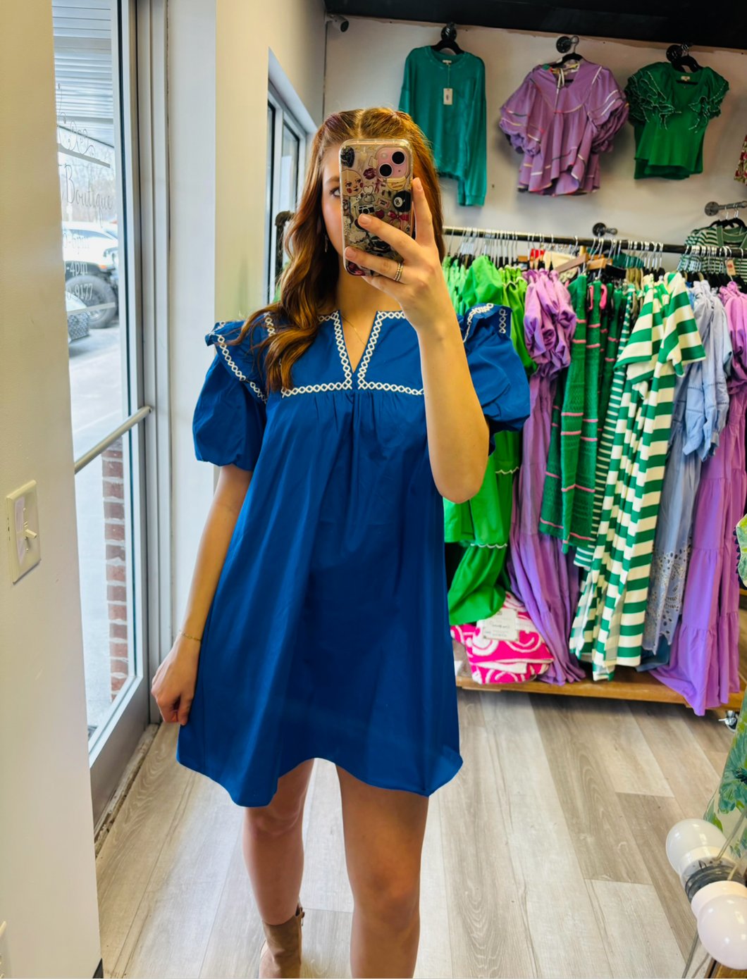 Blue dress with white trim