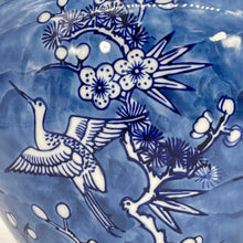 Load image into Gallery viewer, Blue &amp; White Floral Crane Ceramic Chinoiserie Ginger Jar 10"

