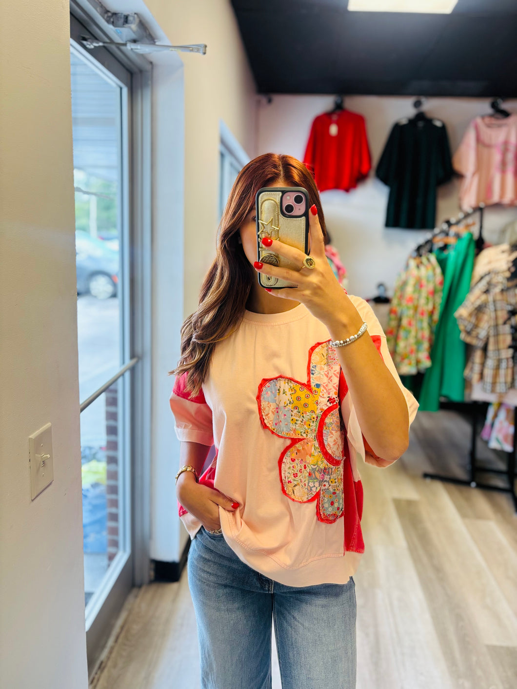 Pink Flower Red Side Short Sleeve Shirt