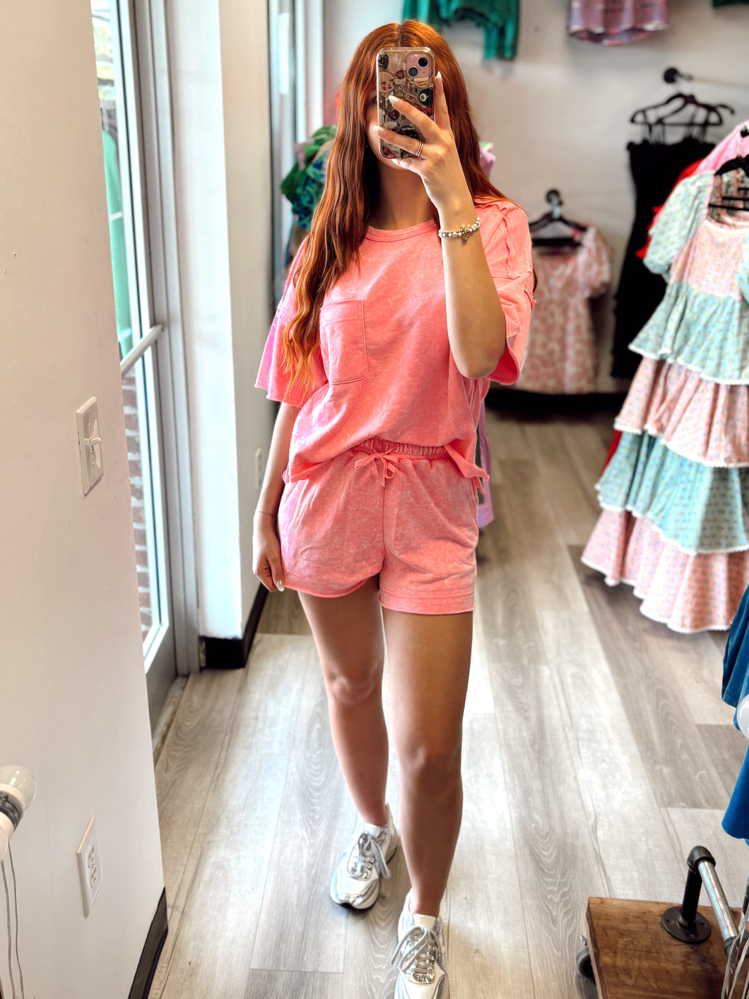 Pink Acid Washed Shorts Set