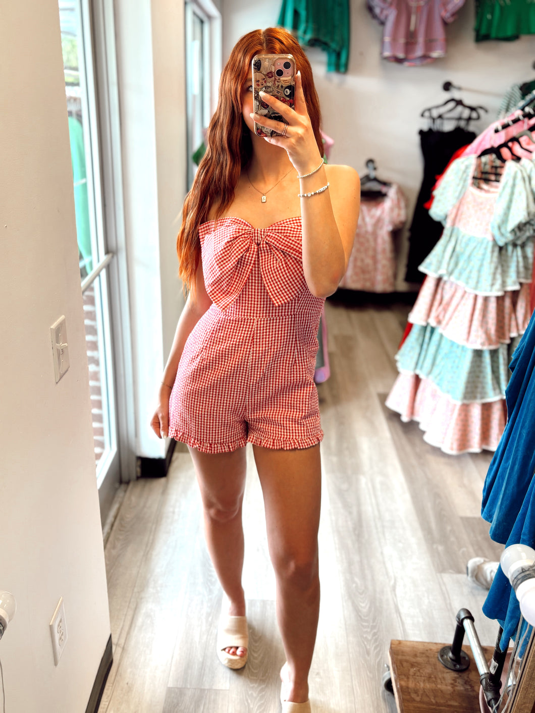 Red and white gingham strapless romper