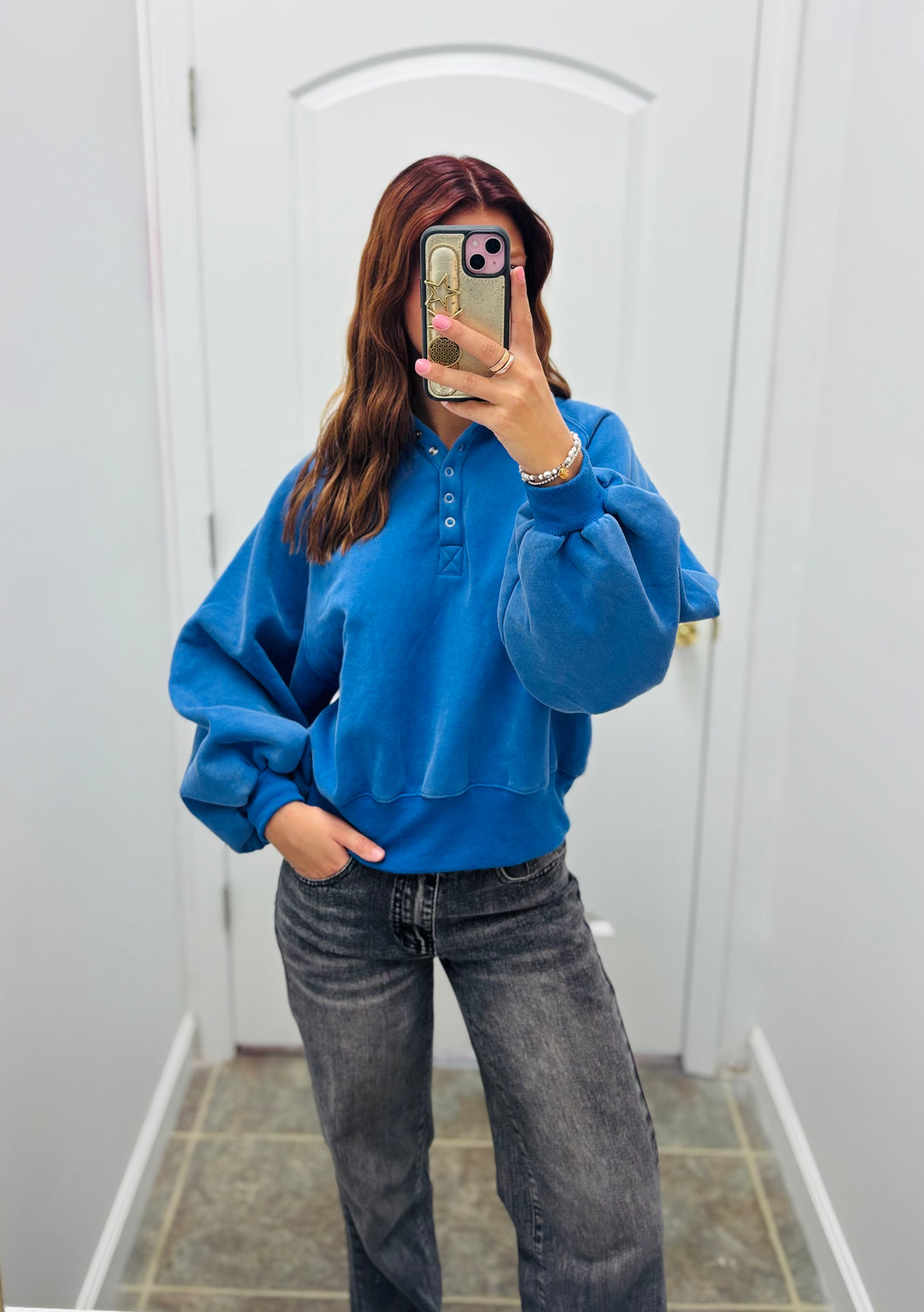 Blue button pullover