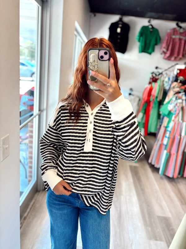 Black and White Striped Quarter Button Up