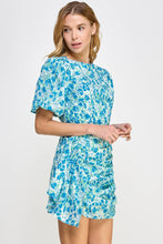 Load image into Gallery viewer, Ruched Short Puff Sleeve Floral Voile Mini Dress: Blue / L
