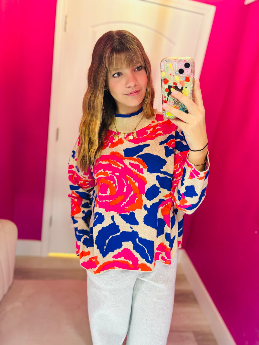 Pink and blue flower sweater