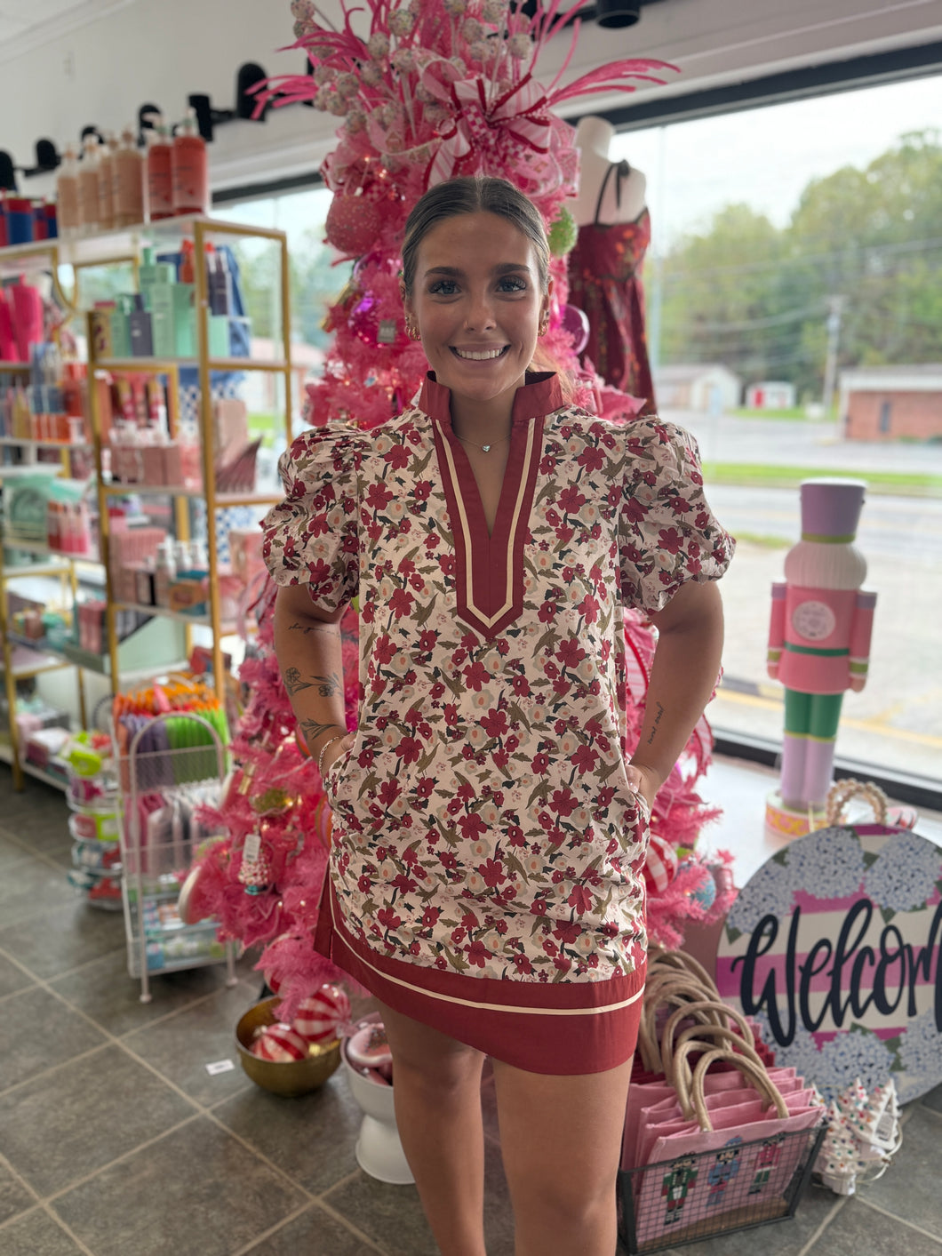 Crimson blooming puff sleeve dress