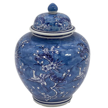 Load image into Gallery viewer, Blue &amp; White Floral Crane Ceramic Chinoiserie Ginger Jar 10"
