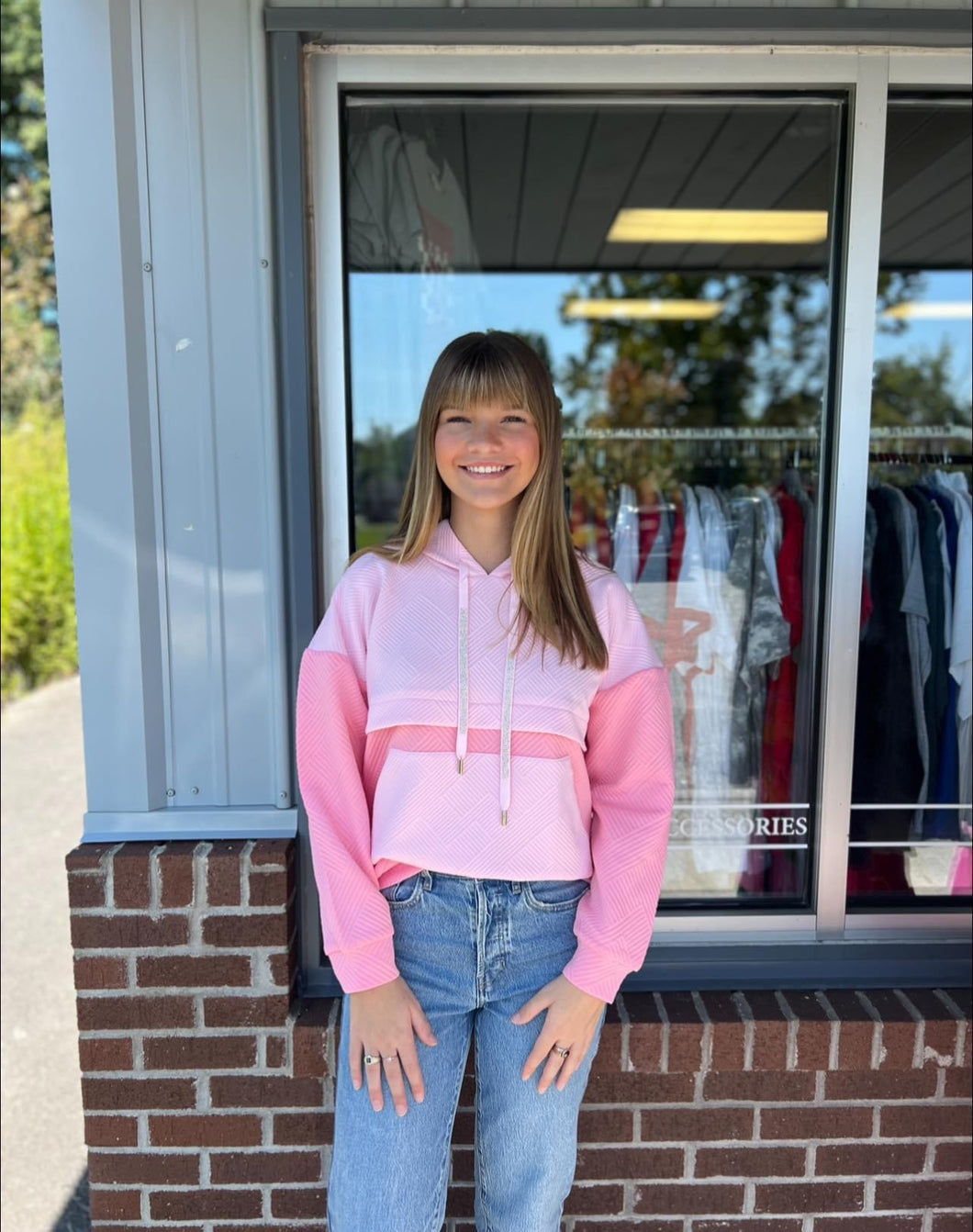 Pink color block hoodie