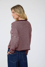 Load image into Gallery viewer, STRIPE RAW EDGE DROP SHOULDER KNIT CARDIGAN: DUSTY BLUE
