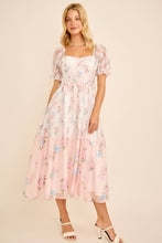 Load image into Gallery viewer, Floral print colorblock midi dress with puff short sleeves
