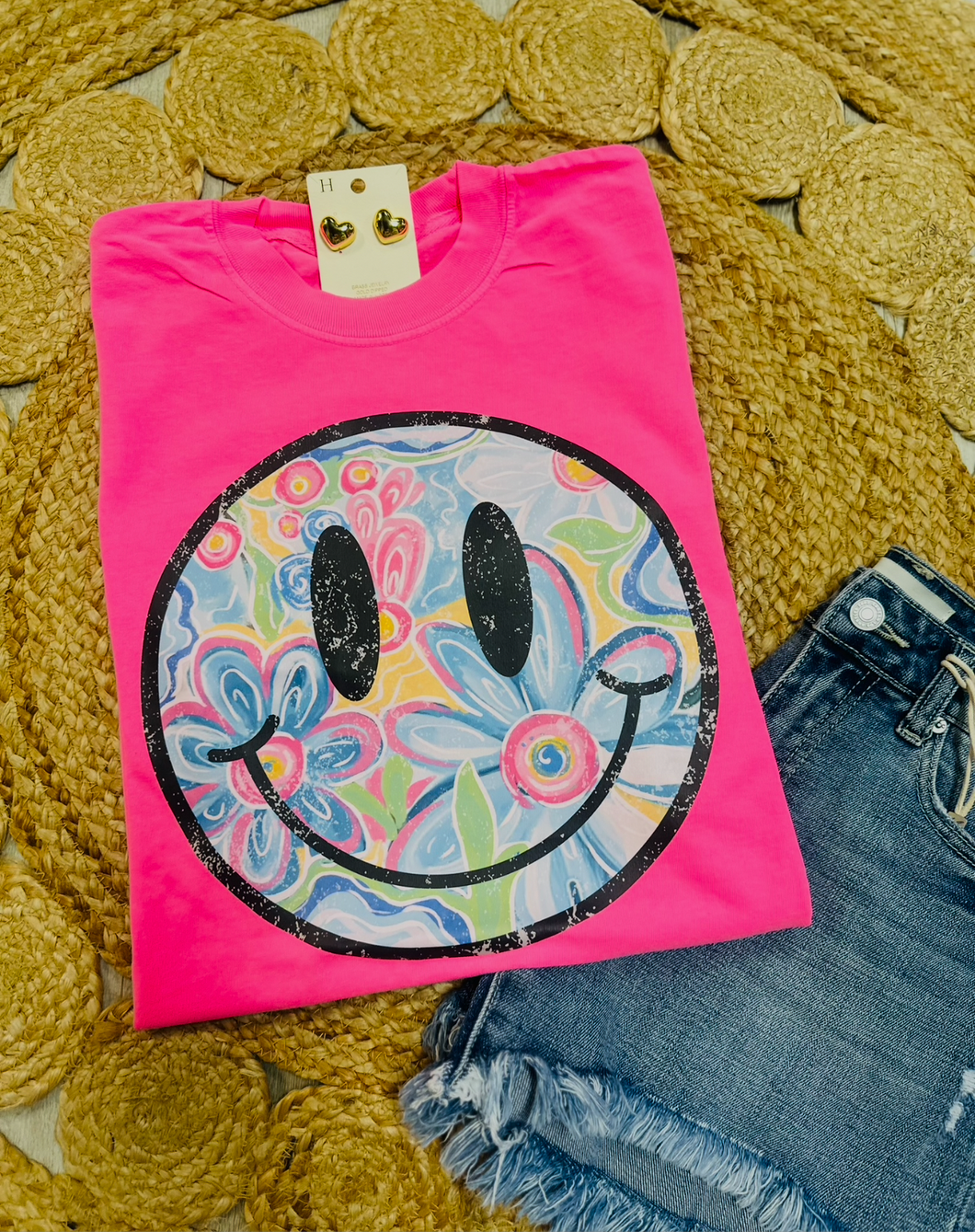 Pink floral smiley face tee