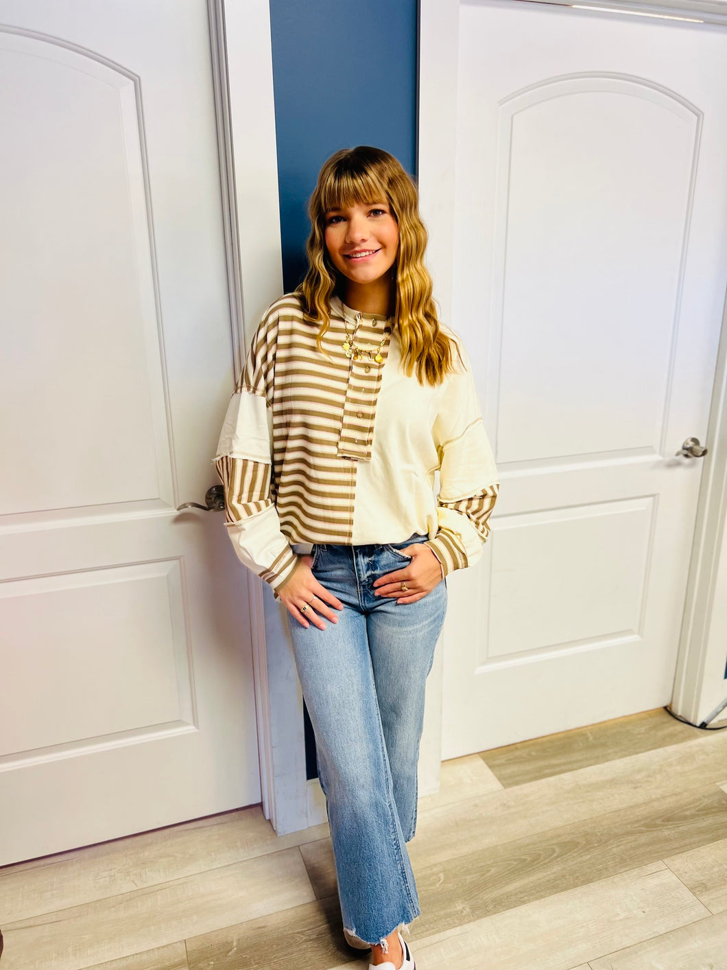 Cream and Brown Long Sleeve Top