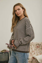 Load image into Gallery viewer, BUTTON HENLEY STRIPE LONG SLEEVE DROP SHOULDER SWEATER: MOCHA
