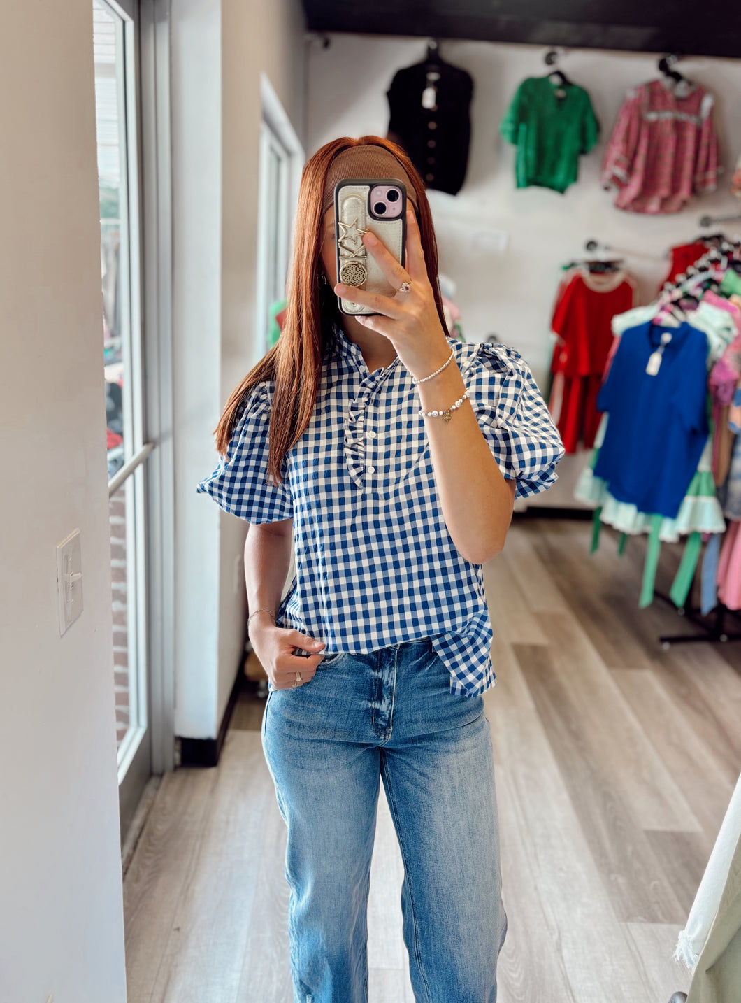 Blue Gingham Ruffle Collared Top