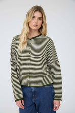 Load image into Gallery viewer, STRIPE RAW EDGE DROP SHOULDER KNIT CARDIGAN: DUSTY BLUE
