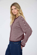 Load image into Gallery viewer, STRIPE RAW EDGE DROP SHOULDER KNIT CARDIGAN: DUSTY BLUE
