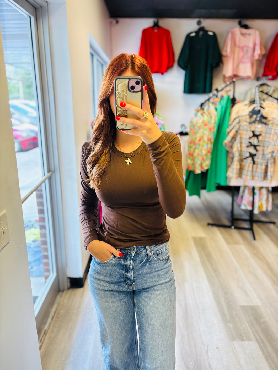 Brown fitted long sleeve top