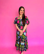Load image into Gallery viewer, Maxi Puffy Sleeve Navy Floral Dress
